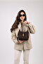 Women's Suede Dark Brown Gold Handbag with Adjustable Strap and Lock Detail - 2
