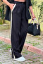 Women's Black Wide-Leg Pleated Palazzo Fabric Trousers with Side Stripes - 6