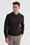 Brown Slim Fit Cotton Patterned Zippered Polo Neck Knitwear Sweater - 2