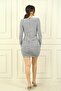 Women's Long Sleeve Silvery Short Dress with Gathered Front and Side Lining Waist Belt - 4