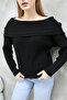 Women's Black Madonna Collar Sweater with Off-The-Shoulder Layered Design - 2