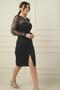 Women's Top Tulle Leaf Flock Printed Short Crepe Dress with Belt