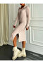 Slit Wide Collar Knitwear Dress - Light Mink