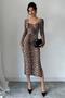 Coffee Velvet Fabric Digital Printed Chest Glop Detail Slit Low-Cut Midi Length Dress