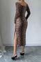 Coffee Velvet Fabric Digital Printed Chest Glop Detail Slit Low-Cut Midi Length Dress - 6