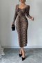 Coffee Velvet Fabric Digital Printed Chest Glop Detail Slit Low-Cut Midi Length Dress - 4