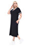 Women's Large Size Short Sleeve Black Collar Striped V-Neck Viscose Dress - 6