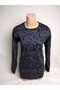 Women's Navy Blue Print Crew Neck Long Sleeve Seasonal Lizy Mother Combed Cotton T-Shirt with Slits on the Sides