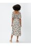 Viscose Dress Midi Balloon Sleeves Square Collar Glitter Tie Detail - 4