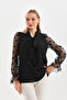 Women's Plus Size Tie Collar Organza Sleeve Flocked Printed Crepe Blouse B0045 - 2