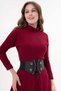 Women's Burgundy Stretchy Knit Fabric High Neck Long Sleeve Belted Midi Dress 134 - 6