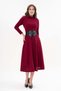 Women's Burgundy Stretchy Knit Fabric High Neck Long Sleeve Belted Midi Dress 134