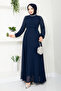Long Evening Dress with Embroidered Sleeves and Lining in Navy Blue - 2
