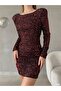 Women's Long Sleeve Sequin Fabric Backless Slim Fit Short Evening Dress Red - 5