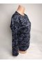 Women's Navy Blue Print Crew Neck Long Sleeve Seasonal Lizy Mother Combed Cotton T-Shirt with Slits on the Sides - 3