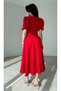 Women's Red Crew Neck Balloon Sleeve Waist-Seated Pleated Midi Dress - 2