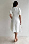 Women's White V-Neck Balloon Sleeve Button Detailed Midi Dress - 3
