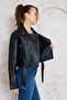 Kemerli Oversize Deri Biker Ceket - 7
