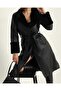 Women's Collar and Cuffs Sharped Long Leather Trench Coat - Black