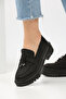 Black Suede Tasseled Women's Loafers with Stitching on the Sole