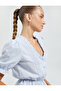 Balloon Sleeve Blouse Deep U Neck Ruffle Button Detailed Cotton