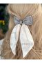 Imported French Automatic Buckle with Complete Crystal Stone Embellishment, Cream Beige Satin Pendant Bow.