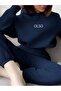 Women's Navy Blue Olso Printed Oversized Hoodie Sweatshirt Jogger Bottom Top Tracksuit Set - 3