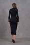 Women's Stretchy Sandy Fabric Tulle Low-cut Detailed Stand Collar Long Sleeve Midi Length Black Evening Dress 10957 - 3