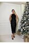 Women's Black Imported Sequin Sequin Fabric Lined Back Low-Cut and Slit Bow Detail Designer Dress - 2