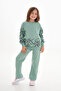 Girls' Compact 2-Thread Print Detail Kangaroo Pocket Bottom Top Sweatshirt Suit Rb-8031 - 4
