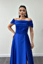 Ruched Satin Fabric Strappy Evening Dress - COBALT BLUE - 3