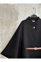 Women's Belted Buttoned High Neck Cashmere Cape Poncho Black - 7