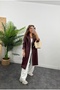 Women's Burgundy Belted Long Leather Coat - 3