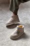 Mini Beige Suede Daisy Patterned Thick Sole Women's Boots with Fur Inside - 7