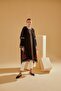 Women's Black Stripe Banded Rose Pattern Hooded Poncho