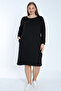 Women's Black Plus Size Long-Sleeved Cotton Dress with Stone Detailed Pockets