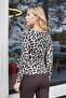 Women's Lycra Camisole Boat Neck Long Sleeve Body Blouse-Beige Leopard - 4