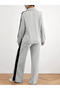 Color Block Ribbed Knit Relaxed Pants Set & Long Sleeve Collar Detail Wide-Leg Pants - 4