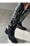 Black Leather White Embroidered Cowboy Style Boots - 5