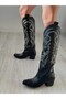 Black Leather White Embroidered Cowboy Style Boots - 3