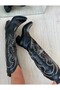 Black Leather White Embroidered Cowboy Style Boots - 2