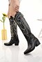 Black Leather White Embroidered Cowboy Style Boots - 6