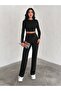Women's Wide-Leg Corded Fabric Trousers with Brushed Inside, Fleece-Lined Wide-Leg Sweatpants BLACK - 2