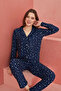 Navy Blue Star Patterned Front Buttoned Suede Pajama Set