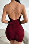 Deep Decollete Degaje Collared Chain Detailed Lycra Mini Dress with Lycra Back Rubber Shirred Lycra Mini Dress - 2