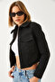 Women's Black Zippered Double Pocket Cashmere Jacket 60261122 - 5