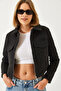 Women's Black Zippered Double Pocket Cashmere Jacket 60261122 - 3
