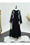 Double Abaya Set with Pearls and Stones on the Sleeves - Black - 3