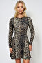 Women's Leopard Crew Neck Stitching Detail Flared Mini Dress Alc-X10883 - 3
