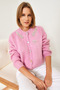 Women's Pink Collared Stoned Embellished Knitwear Cardigan 20246266 - 4